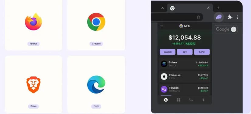 Screenshot composite showing Phantom wallet browser extension UI across Chrome, Brave and Edge—useful to compare extension setup and permissions
